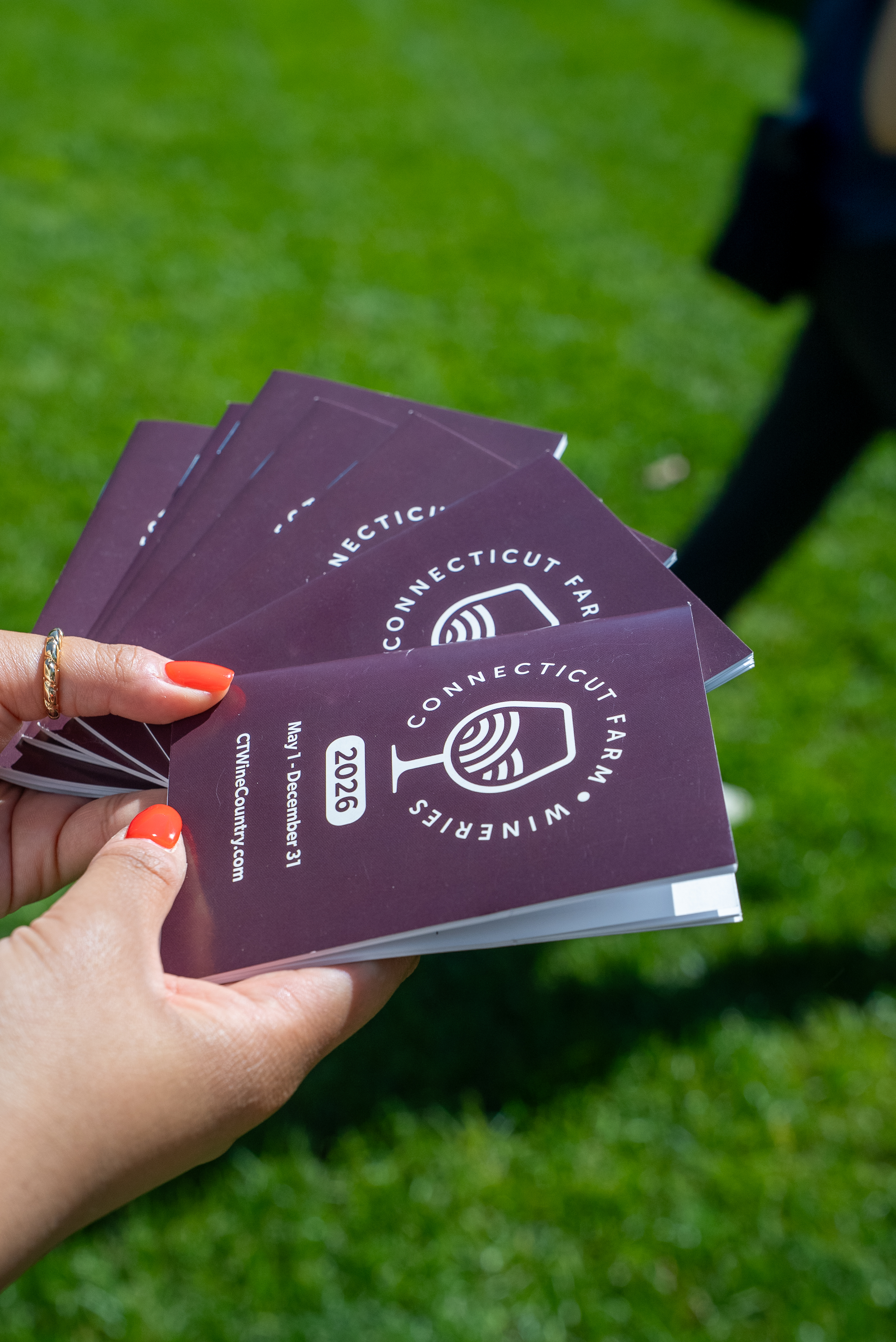 Hand fanning a stack of 2026 Connecticut Farm Wineries passports above the grass