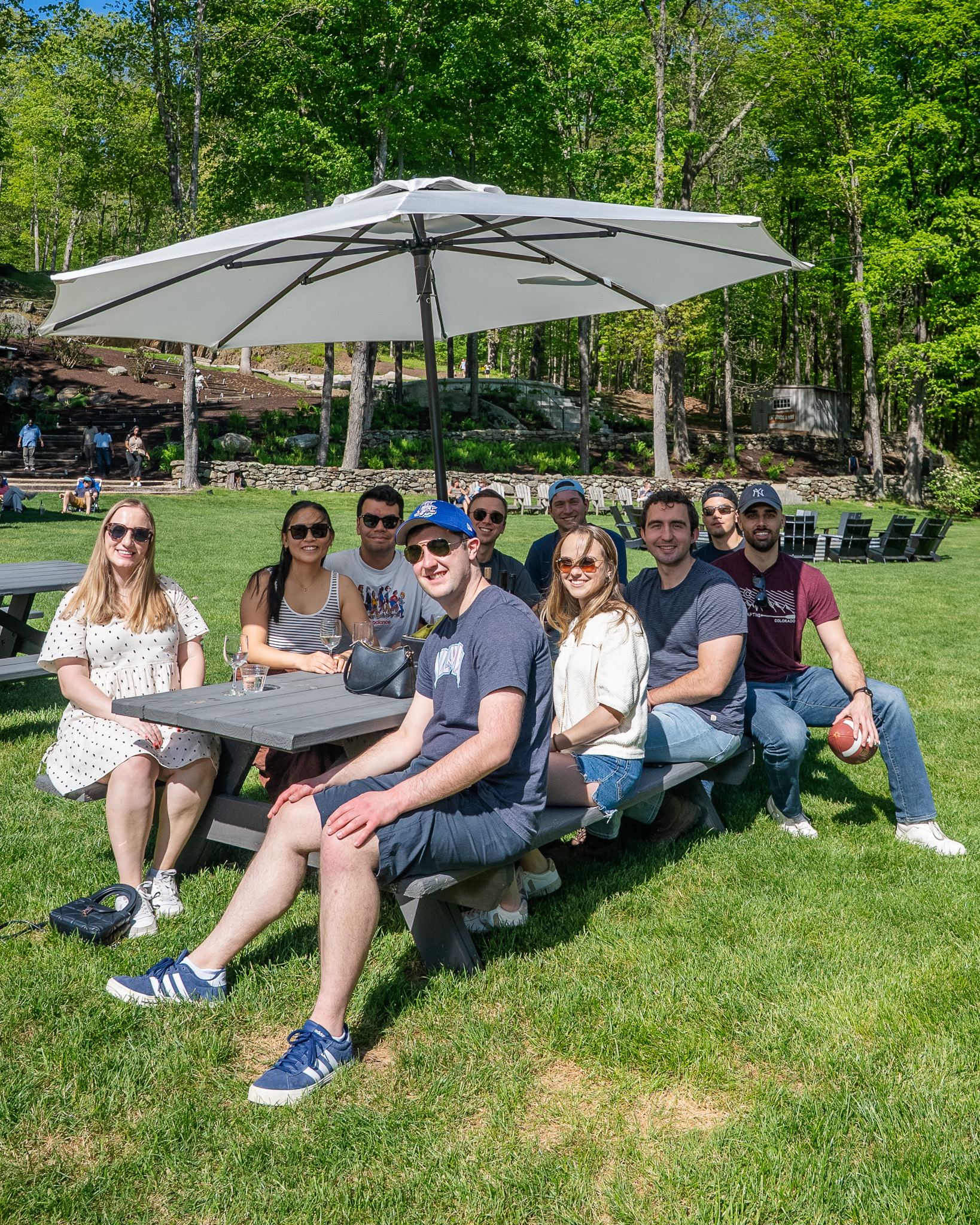 Group of about ten friends in their 20s-30s posed at a picnic table under a large white umbrella on the lawn, Mennin's amphitheater area visible in the background