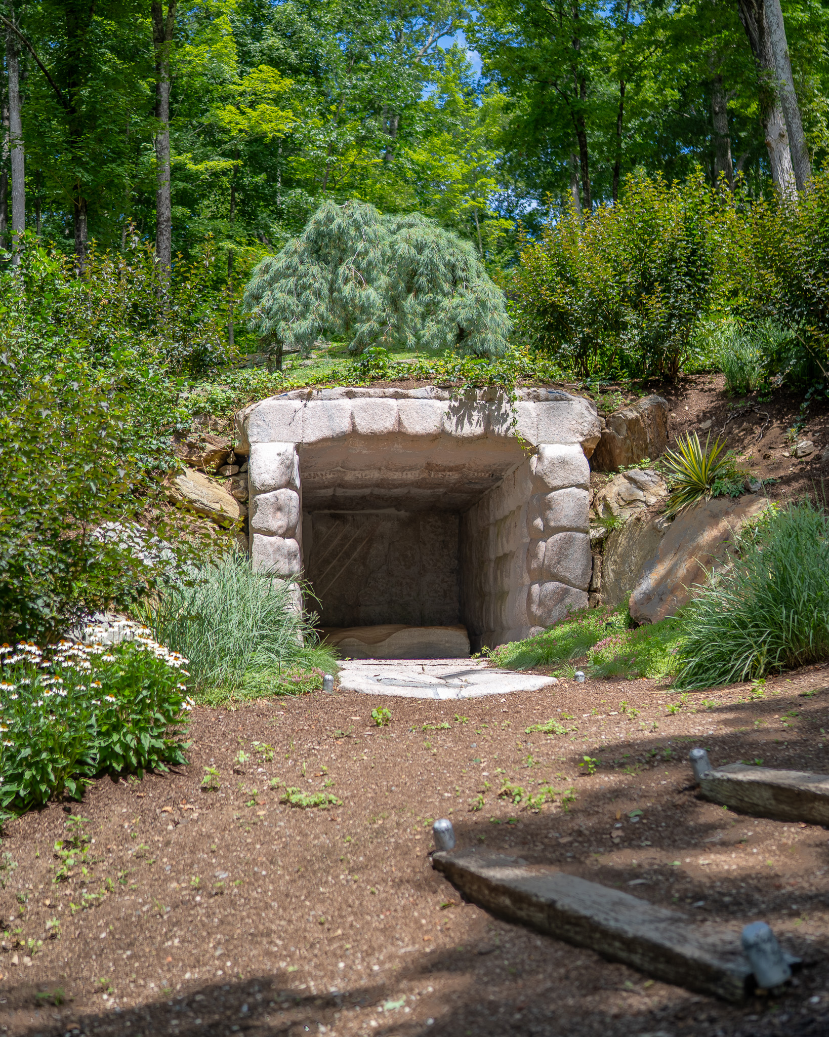 Mark Mennin's stone cave built into the hillside at Spring Hill — granite arch, weeping pine above, daisies in foreground